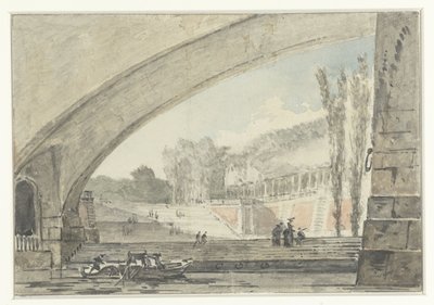 Utsikt under en bro til terrasser og en trapp av Louis Gabriel Moreau