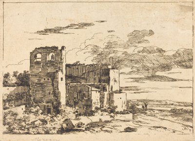 Ødelagte bygninger nær en elvebredd av Louis Gabriel Moreau the Elder