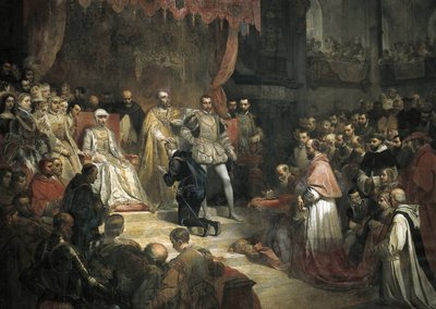 Abdikasjonen av Charles V (1500-1558) til fordel for sønnen Filip II (1527-1598) av Louis Galna