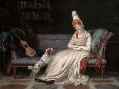 Portrett av Elizabeth, Lady Webster, senere Lady Holland, i en hvit kjole med sin spaniel Pierrot, ca. 1795 av Louis Gauffier