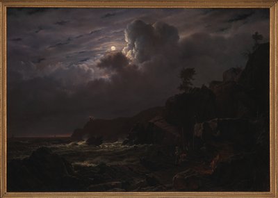 Utsikt over Kullen i Sverige. Smuglere som gjemmer varene sine blant steinene. Måneskinn av Louis Gurlitt