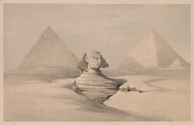 Egypt og Nubia: bind I - nr. 18, Den store sfinksen, Pyramidene i Gizeh, sett forfra av Louis Haghe