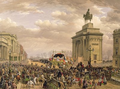 Begravelse til hertugen av Wellington, begravelsesbilen som passerer buegangen ved Apsley House, 18. november 1852, gravert av Thomas Picken (fl.1838-1870), pub. av Ackermann og Day, 1853 av Louis Haghe