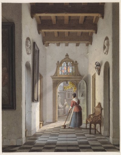 Jente som feier gangen i et hus av Louis Henri de Fontenay