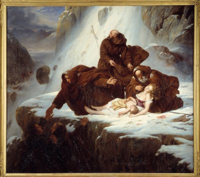 De religiøse på hospitset til Saint Gotthard (San Gottardo) gir lindring til familier berørt av brigandene Maleri av Louis Hersent (1777-1860) 1824 av Louis Hersent