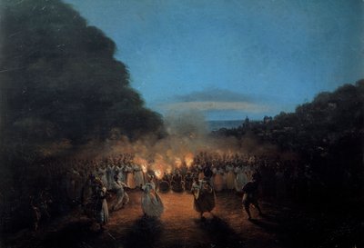 Bamboulaen danser en gang bambus (eller pinner) i Vestindias svarte slavedansescene i lyset av fakler. Maleri av Honore Gamain (1803-1871) La Rochelle fra 1800-tallet, Museum of the New World av Louis Honore Gamain