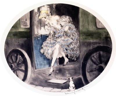 Avstigning fra vognen, ca. 1920-1930-tallet (etsing og akvatint) av Louis Icart