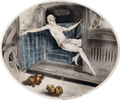 Kvinne i en bil med to pekinesere av Louis Icart