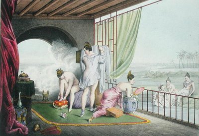Badende ved toalettet deres, publisert 1824-27 (farge litho) av Louis Jacques Nicolas Schaal