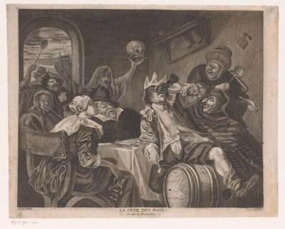 Festselskap med en drikkende mann med krone La fete des rois (tittel på objekt) Helligtrekongerfest av Louis Jaugey