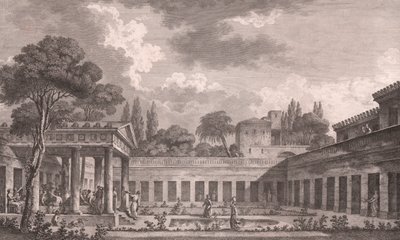 Ideell rekonstruksjon av Villa of Diomedes i Pompeii til sin opprinnelige tilstand før vulkanutbruddet av Vesuv i 79 e.Kr., Campania, Italia, etsning etter tegning av Louis Jean Desprez (1743-1804), ca 21x34 cm av Louis Jean (after) Desprez