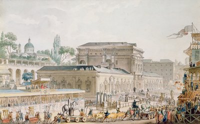 Antikviteter funnet ved Herculaneum blir fraktet til Napoli-museet, ca. 1782 (penn, blekk og wc på papir) av Louis Jean Desprez