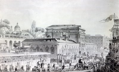 Antikviteter funnet ved Herculaneum blir fraktet til Napoli-museet, ca. 1782 (penn, blekk og akvarell på papir) av Louis Jean Desprez