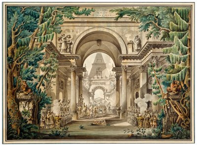 Prosesjon i et tempel. Scenografi for et teaterstykke, 1700- eller tidlig 1800-tall av Louis Jean Desprez