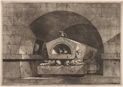 Tomb with Sphinx: Funerary Monument with an Owl on a Sarcophagus Supported by Sphinx, ca. 1779-84. av Louis Jean Desprez