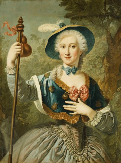 Portrett av en dame, tre-kvarts lengde, kledd som en pilegrim, og iført en blå foret stråhatt og fjær, 1747 av Louis Jean François Lagrenée