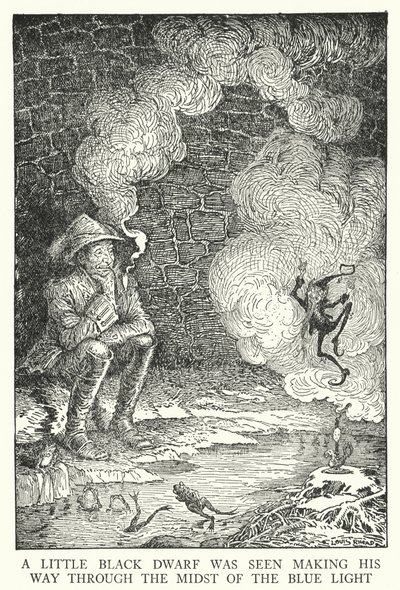 En liten svart dverg ble sett på vei gjennom det blå lyset (litho) av Louis John Rhead