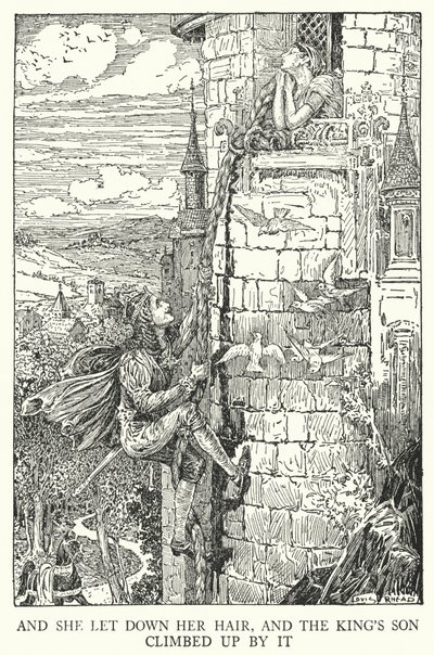 Og hun la ned håret, og kongens sønn klatret opp ved det (litho) av Louis John Rhead