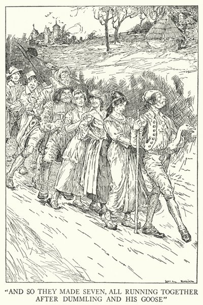 "Og så de laget syv, alle sammen etter Dummling og gåsen hans" (litho) av Louis John Rhead