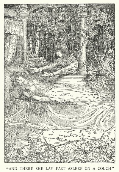 "Og der lå hun og sov på en sofa" (litho) av Louis John Rhead