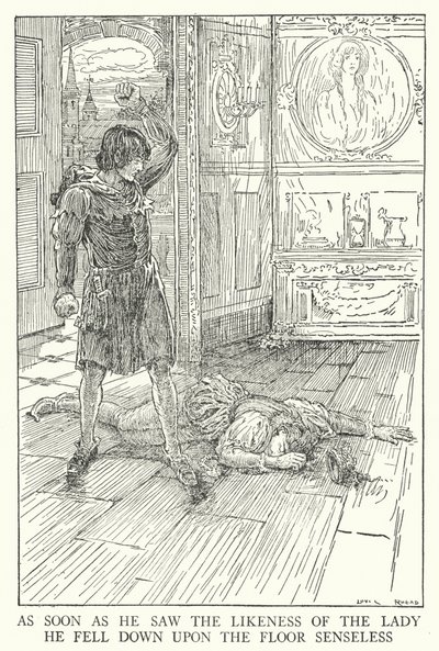 Så snart han så likheten til damen, falt han ned på gulvet meningsløs (litho) av Louis John Rhead