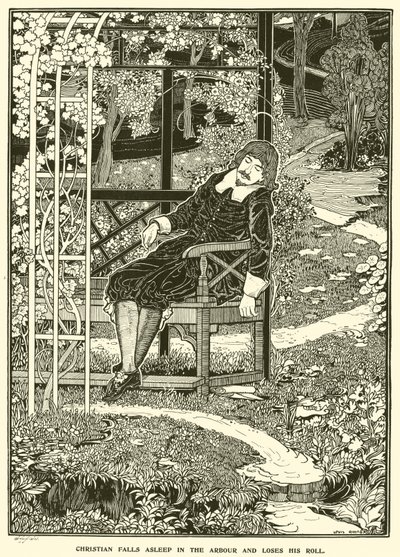 Christian sovner i arbor og mister rullen sin (gravering) av Louis John Rhead