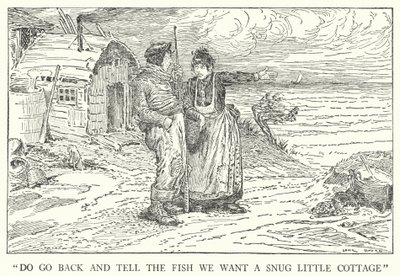 "Gå tilbake og fortell fisken at vi vil ha en koselig liten hytte" (litho) av Louis John Rhead