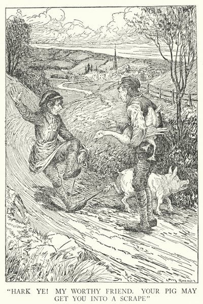 "Hør! Min verdige venn, grisen din kan få deg til å skrape" (litho) av Louis John Rhead