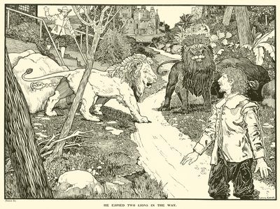 Han sprang to løver i veien (gravering) av Louis John Rhead