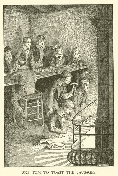 Illustrasjon for Tom Browns skoledager (gravering) av Louis John Rhead