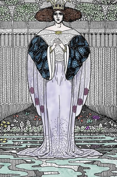 Representasjon av Lady of the Lake (Nimue, Viviane) Illustrasjon av Louis Rhead (1858-1926) for "Kong Arthur og hans riddere"" av Louis John Rhead