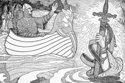 Representasjon av Lady of the Lake (fee viviane), karakter av Arthur-legendene, som gir kong Arthur den andre Excalibur (Arthurisk legende: Lady of the Lake (Nimue, Viviane) gir kong Arthur sitt sverd Excalibur) Illustrasjon av Louis Rhead (1858) -1 av Louis John Rhead