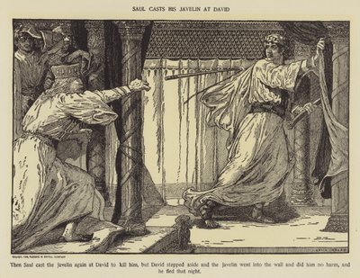 Saul kaster spydet mot David av Louis John Rhead