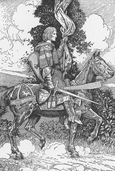 Sir Tristam rir til Tintagil-slottet Illustrasjon av Louis Rhead (1858-1926) fra "King Arthur and his knights" 1923 Privat samling av Louis John Rhead