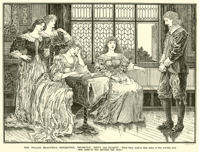 Palasset vakkert, diskresjon, klokskap, fromhet og veldedighet (gravering) av Louis John Rhead