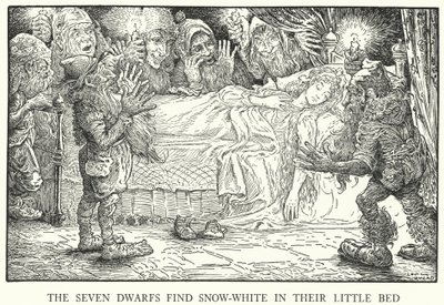 De syv dvergene finner snøhvit i sin lille seng (litho) av Louis John Rhead