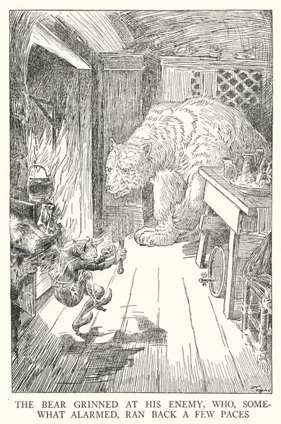 Bjørnen gliste til fienden, som, noe skremt, løp tilbake noen skritt (litho) av Louis John Rhead