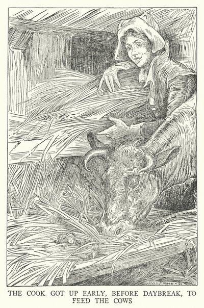 Kokken sto opp tidlig, før daggry, for å mate kyrne (litho) av Louis John Rhead