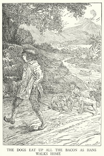 Hundene spiser opp alt baconet mens Hans går hjem (litho) av Louis John Rhead