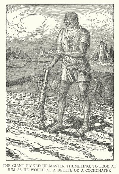 Kjempen tok opp Master Thumbling for å se på ham som han ville gjort på en bille eller en cockchafer (litho) av Louis John Rhead