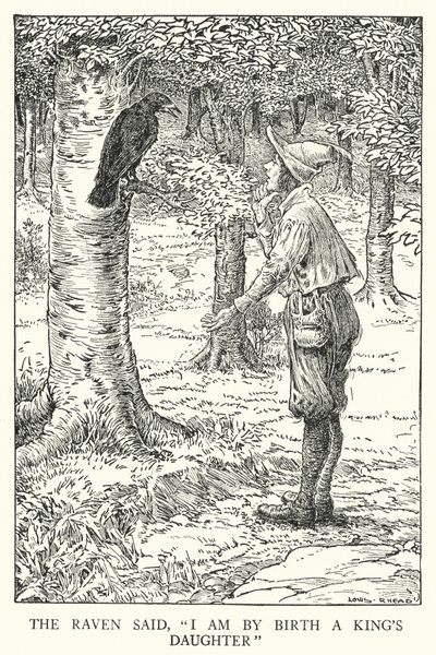 Ravnen sa: "Jeg er av fødsel en kongedatter" (litho) av Louis John Rhead