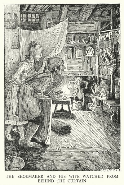 Skomakeren og hans kone så bak forhenget (litho) av Louis John Rhead