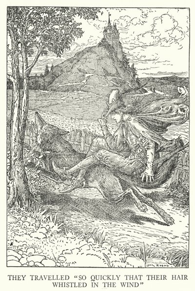 De reiste "så raskt at håret deres plystret i vinden" (litho) av Louis John Rhead
