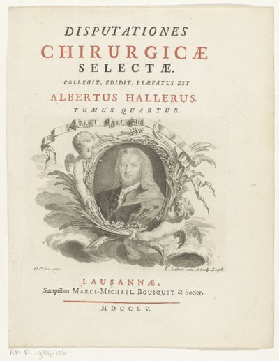 Portrett av Albrecht von Haller Albert Haller (tittel på objekt) Tittelside for: Albrecht von Haller, Selected Surgical Discourses, 1755 av Louis Joubert