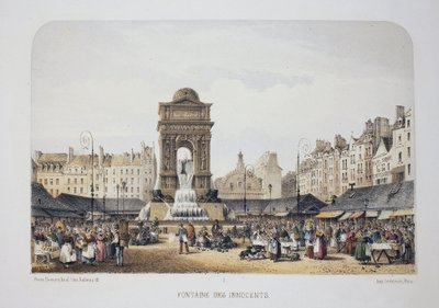 Fountain of the Innocents (Fountain of the Nymphs), Paris. Litografi akvarell, illustrasjon av Arnout, i "Album, souvenirs de Paris"", Daziaro-redaktør, Paris av Louis Jules Arnout