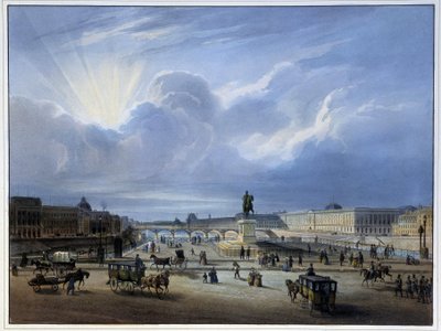 Generell utsikt over Louvre og statuen av Henry IV - i "" Paris en 1837"" av Arnout av Louis Jules Arnout