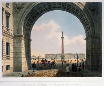 Slottsplassen, utsikt fra buen til hovedhærens hovedkvarter (Saint Petersburg) Litografi av Louis Jules Arnout (1814-1868), fargelagt i akvarell, 25,2 x 33,5 cm, ca. 1840. Fransk kunst av Louis Jules Arnout