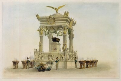 Kisten til Napoleon I Bonaparte (1769-1821) i Invalides-kirken (Paris, Frankrike). (Kisten til Napoleon i kirken ved Les Invalides). Verk av Louis Jules Arnout (1814-1868), litografi og akvarell. Fransk kunst fra 1800-tallet, klassisisme. av Louis Jules Arnout