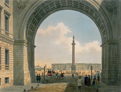 Palace Square, View from the Arch of the Army Headquarters, St. Petersburg, trykt av Lemercier, Paris, 1840-tallet (farge litho) av Louis Jules Arnout