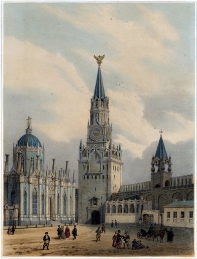 ""Utsikt over tårnet til den hellige frelser (eller Spasskaia-tårnet) og på den røde plassen, kremlin, Moskva"" (The Spasskaya Tower (Saviour Gates) og Saint Catherine Church of Ascension Convent i Moskva Kreml) Litografi av Louis Jules Arnout (1814-1868)  av Louis Jules Arnout